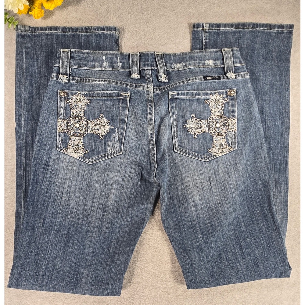 Miss Me Bootcut Jeans Womens 31 Blue Y2K Embellished Cross 33x33 Low Rise Flare